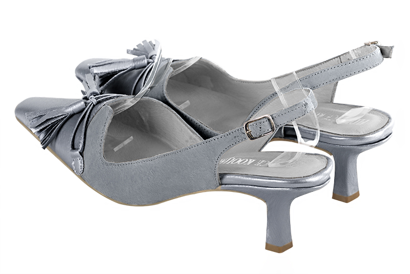Mouse grey women's open back shoes, with a knot. Tapered toe. Medium spool heels. Rear view - Florence KOOIJMAN